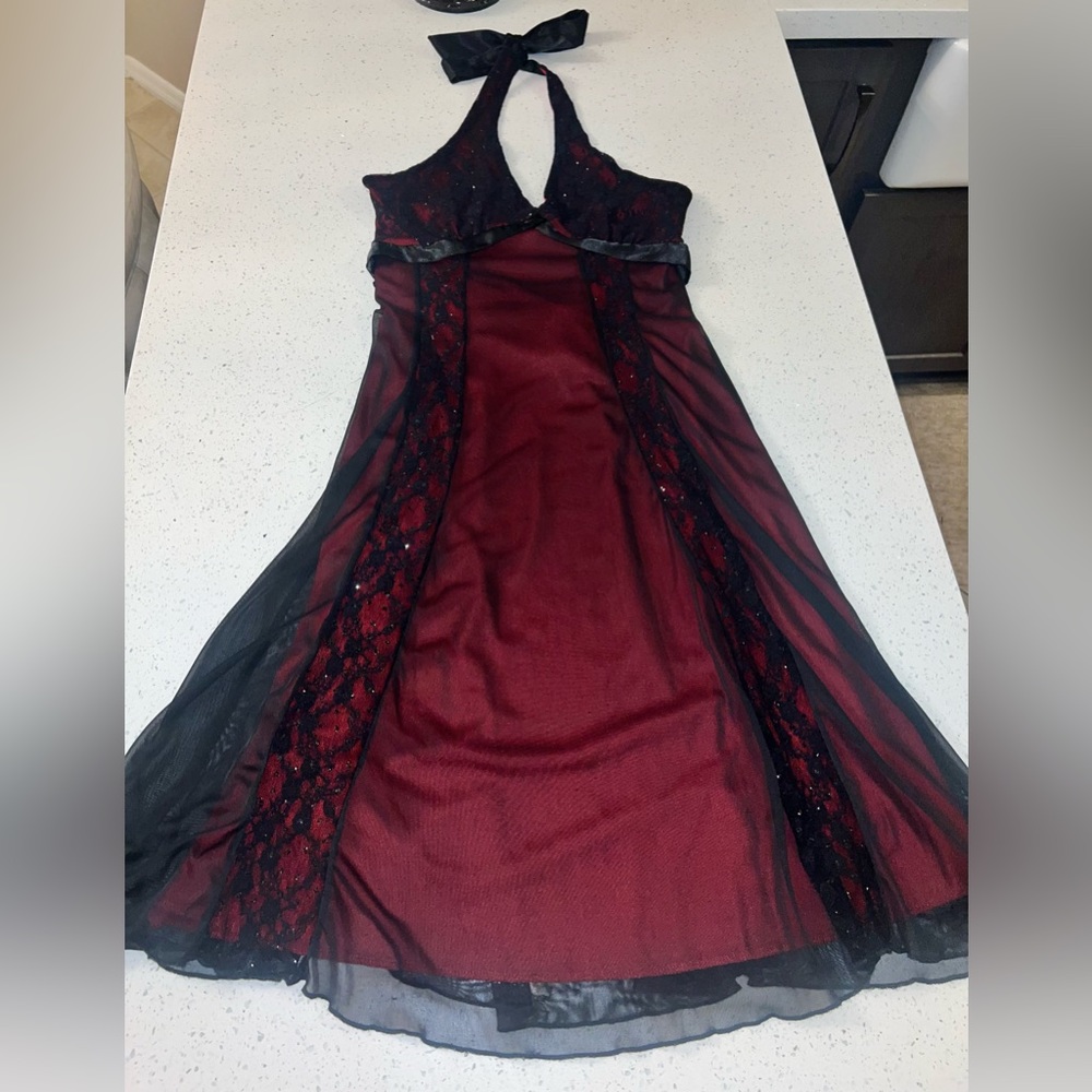 2000s red dress with black mesh size M black faux silk detail